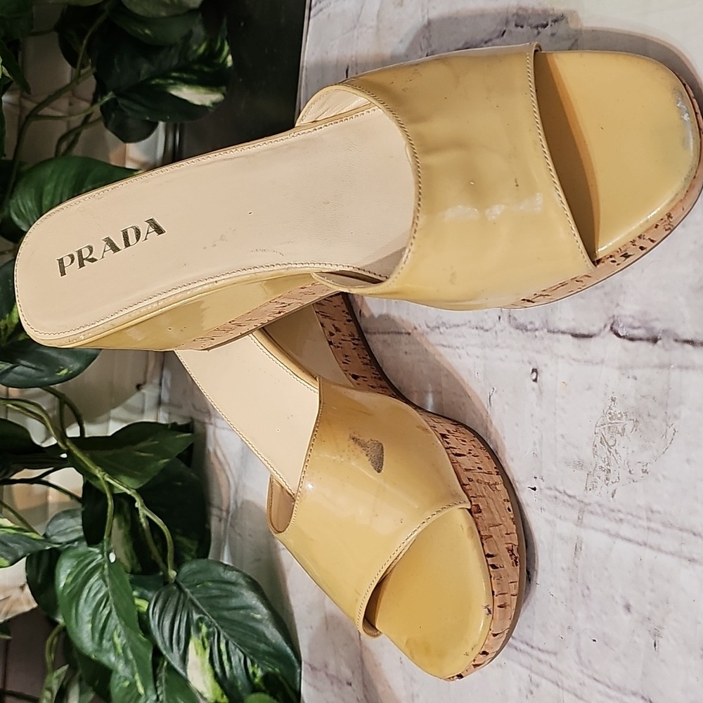 Prada Patent Leather Cork Wedge Slide 37.5